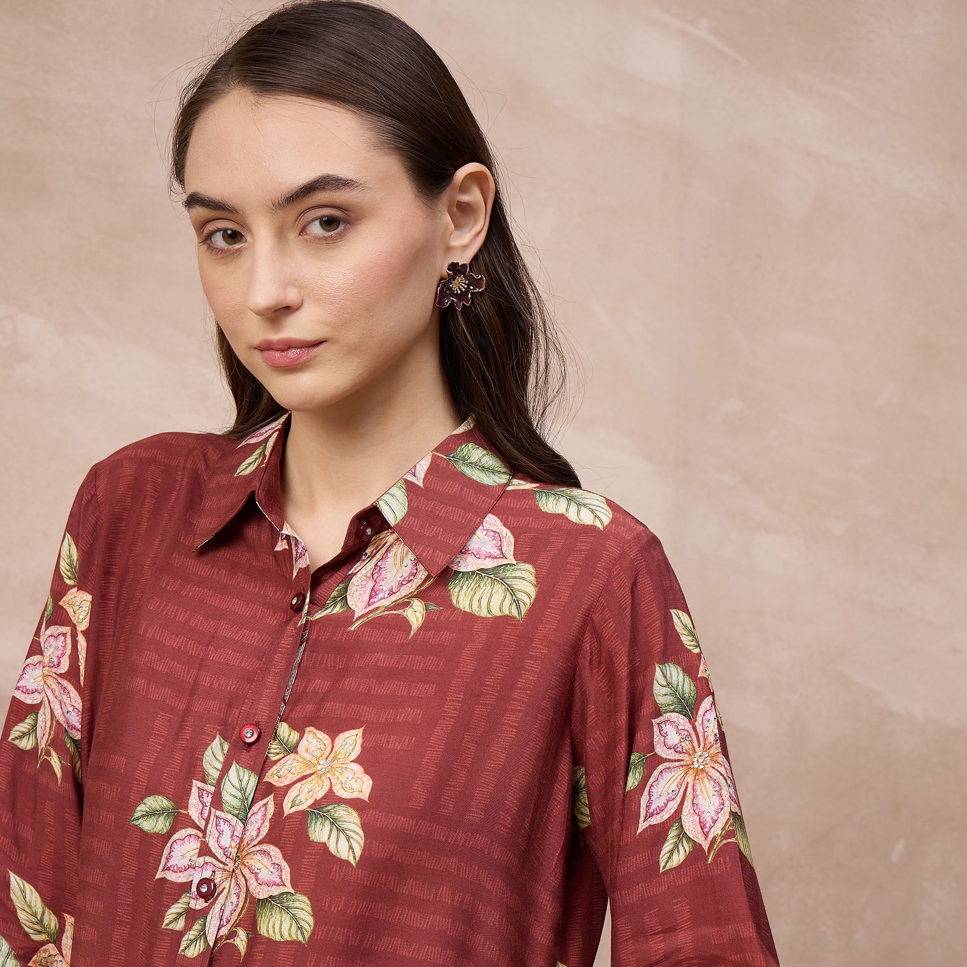 Brown Floral Print Dress for Women – Bamberg Muslin – Close Up | First Resort by Ramola Bachchan