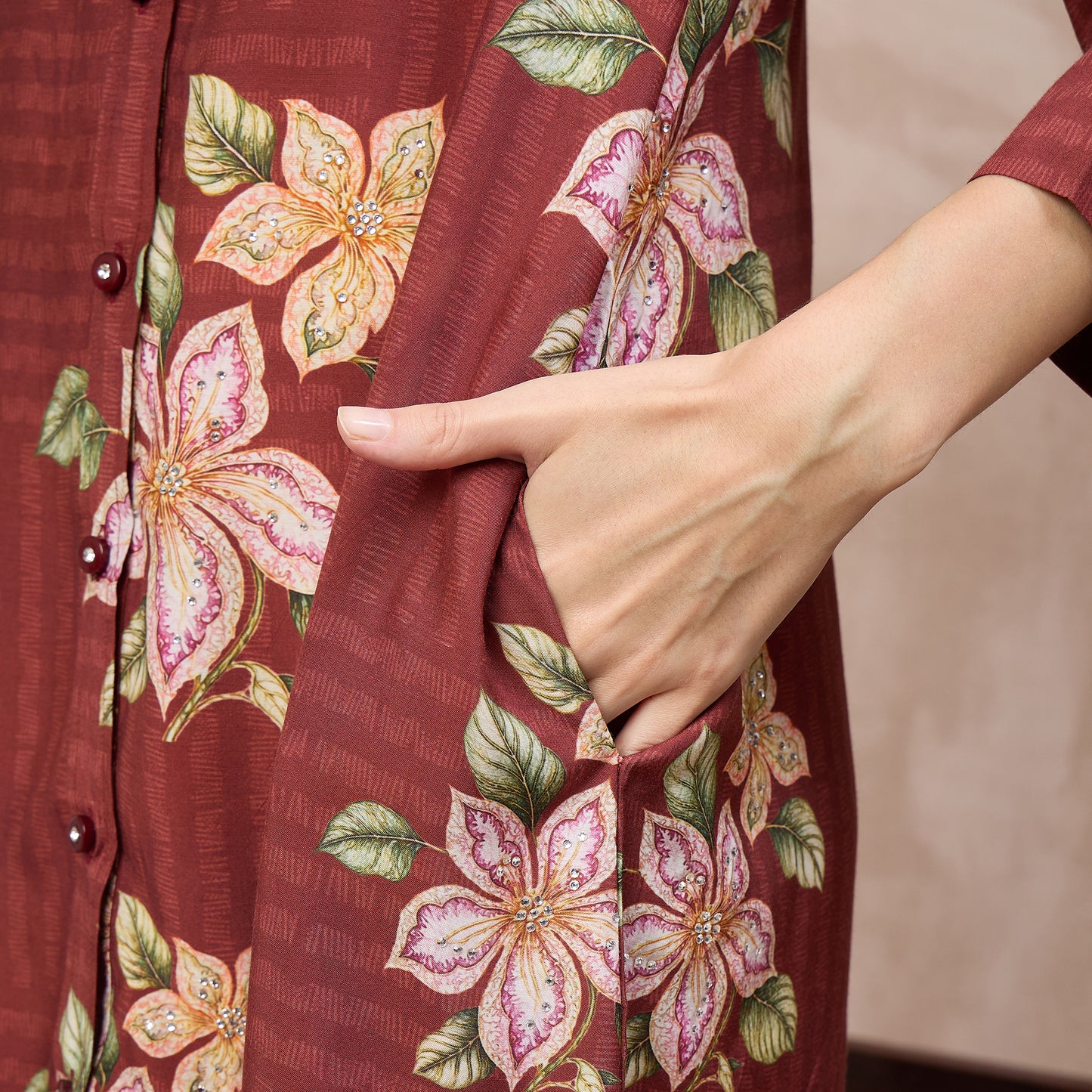 Brown Floral Print Dress for Women – Bamberg Muslin | First Resort by Ramola Bachchan