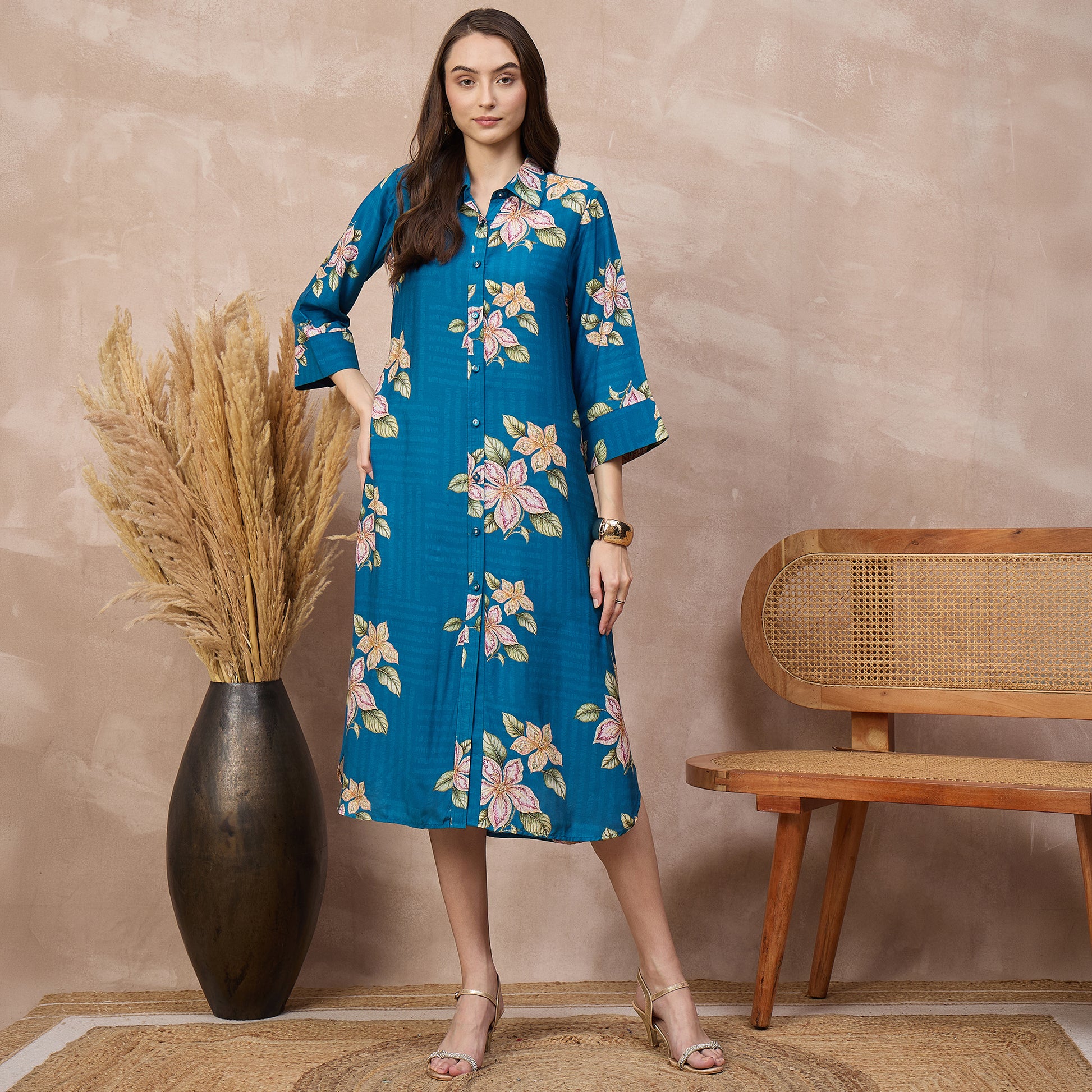 Sky Blue Floral Print Dress for Women – Bamberg Muslin | First Resort by Ramola Bachchan