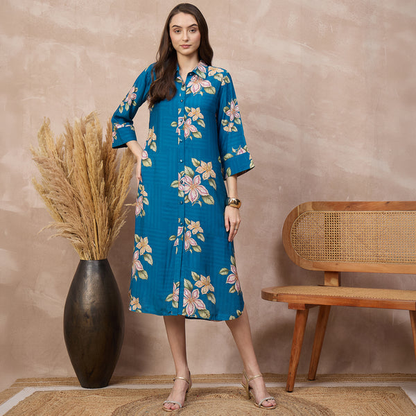 Sky Blue Floral Print Dress for Women – Bamberg Muslin | First Resort by Ramola Bachchan