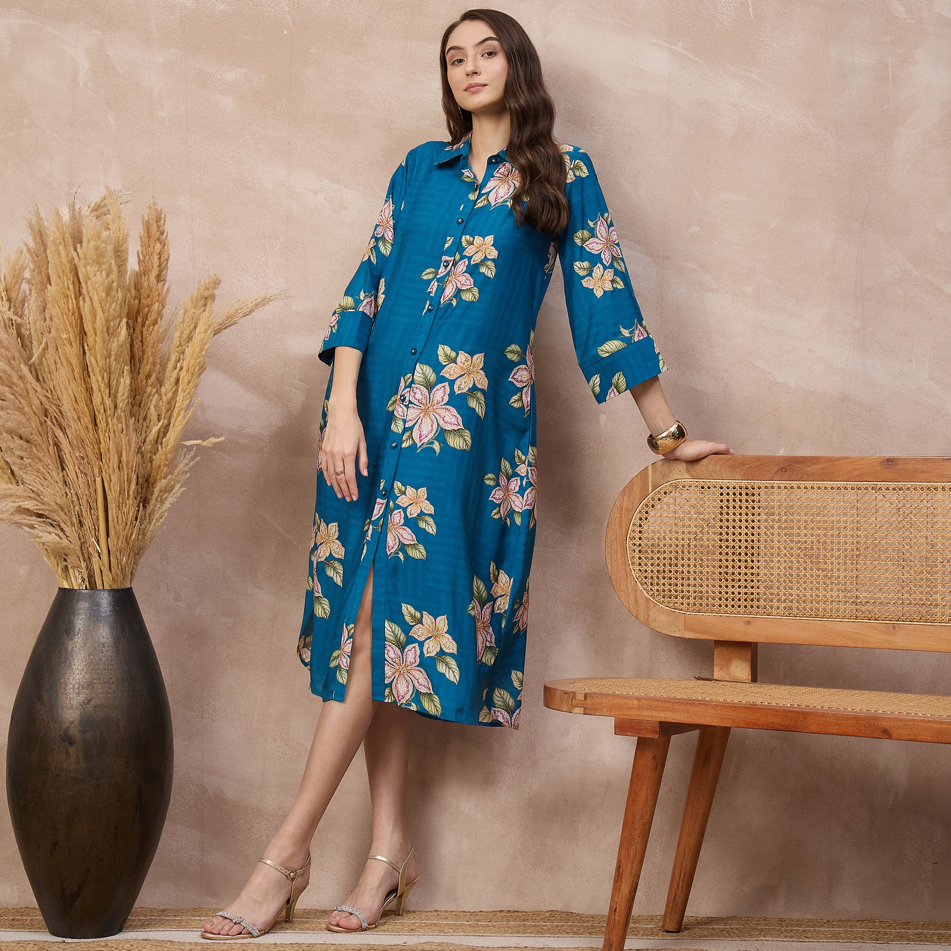 Sky Blue Floral Print Dress for Women – Bamberg Muslin – Front View | First Resort by Ramola Bachchan