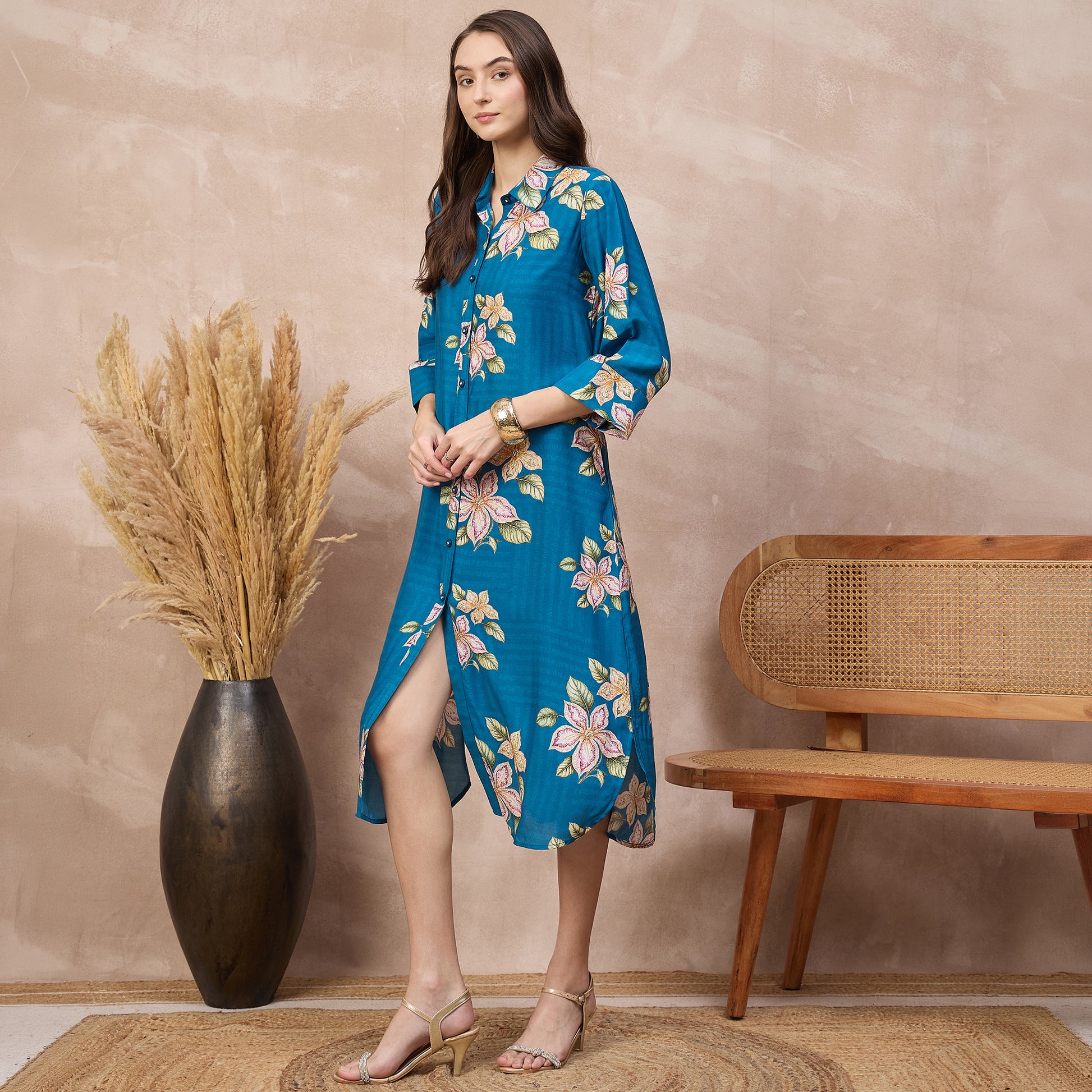 Sky Blue Floral Print Dress for Women – Bamberg Muslin – Model View | First Resort by Ramola Bachchan