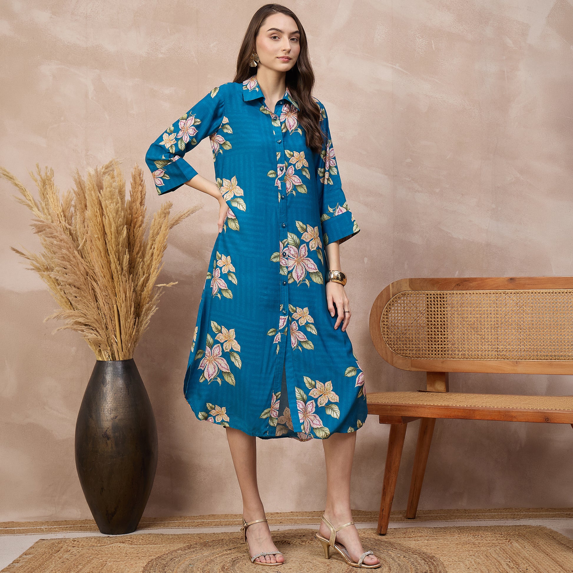 Sky Blue Floral Print Dress for Women – Bamberg Muslin – Side View | First Resort by Ramola Bachchan