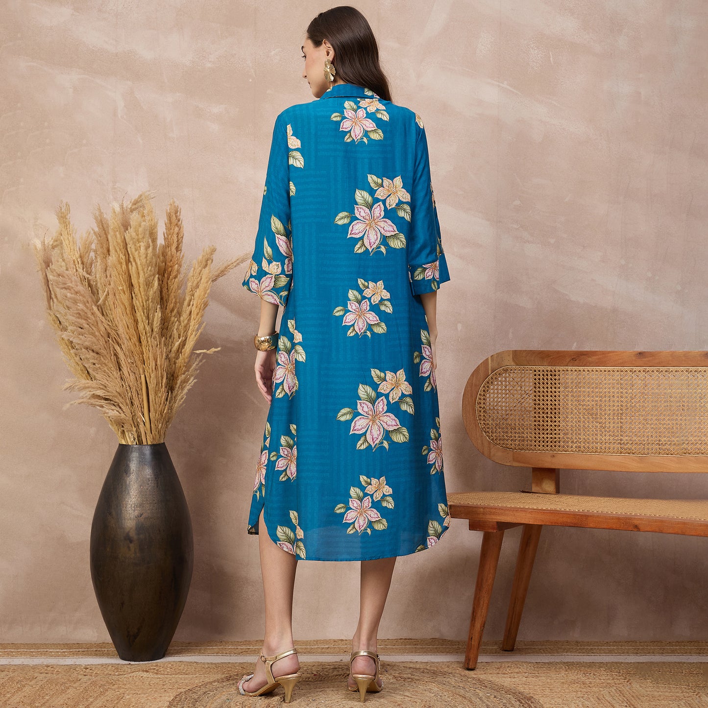 Sky Blue Floral Print Dress for Women – Bamberg Muslin – Detail View | First Resort by Ramola Bachchan