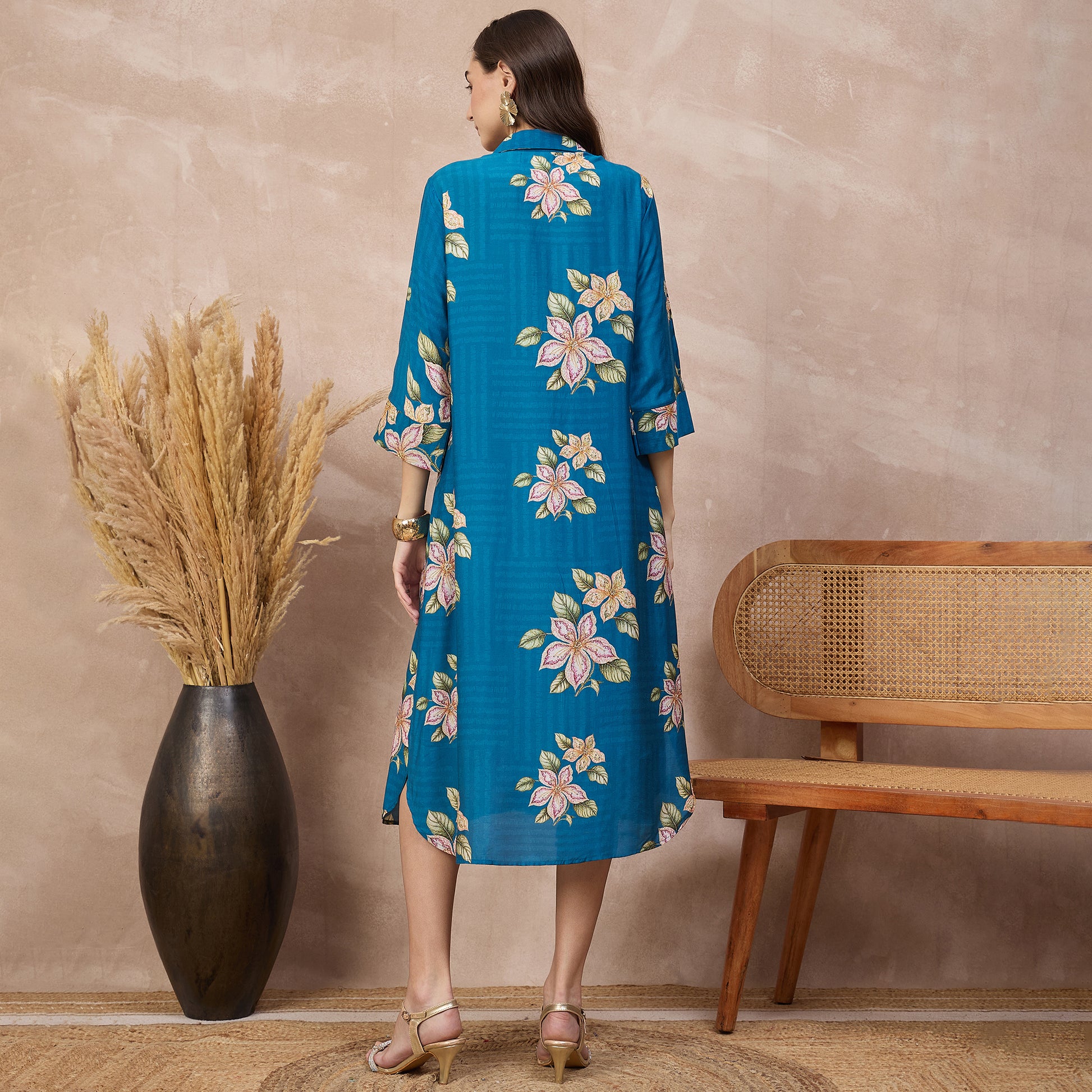 Sky Blue Floral Print Dress for Women – Bamberg Muslin – Detail View | First Resort by Ramola Bachchan