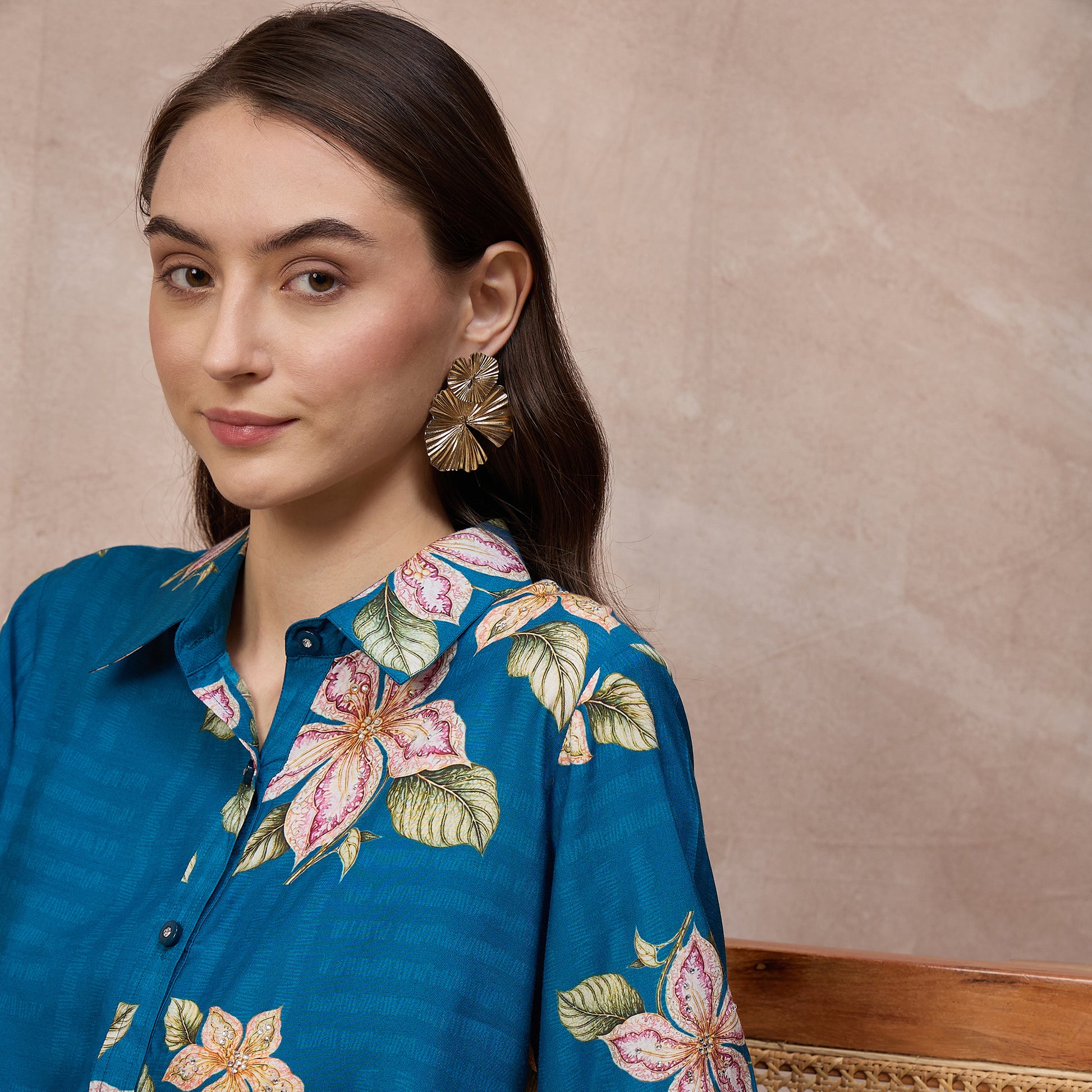Sky Blue Floral Print Dress for Women – Bamberg Muslin – Back View | First Resort by Ramola Bachchan