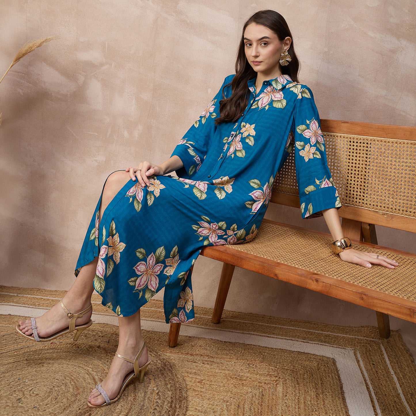 Sky Blue Floral Print Dress for Women – Bamberg Muslin – Close Up | First Resort by Ramola Bachchan