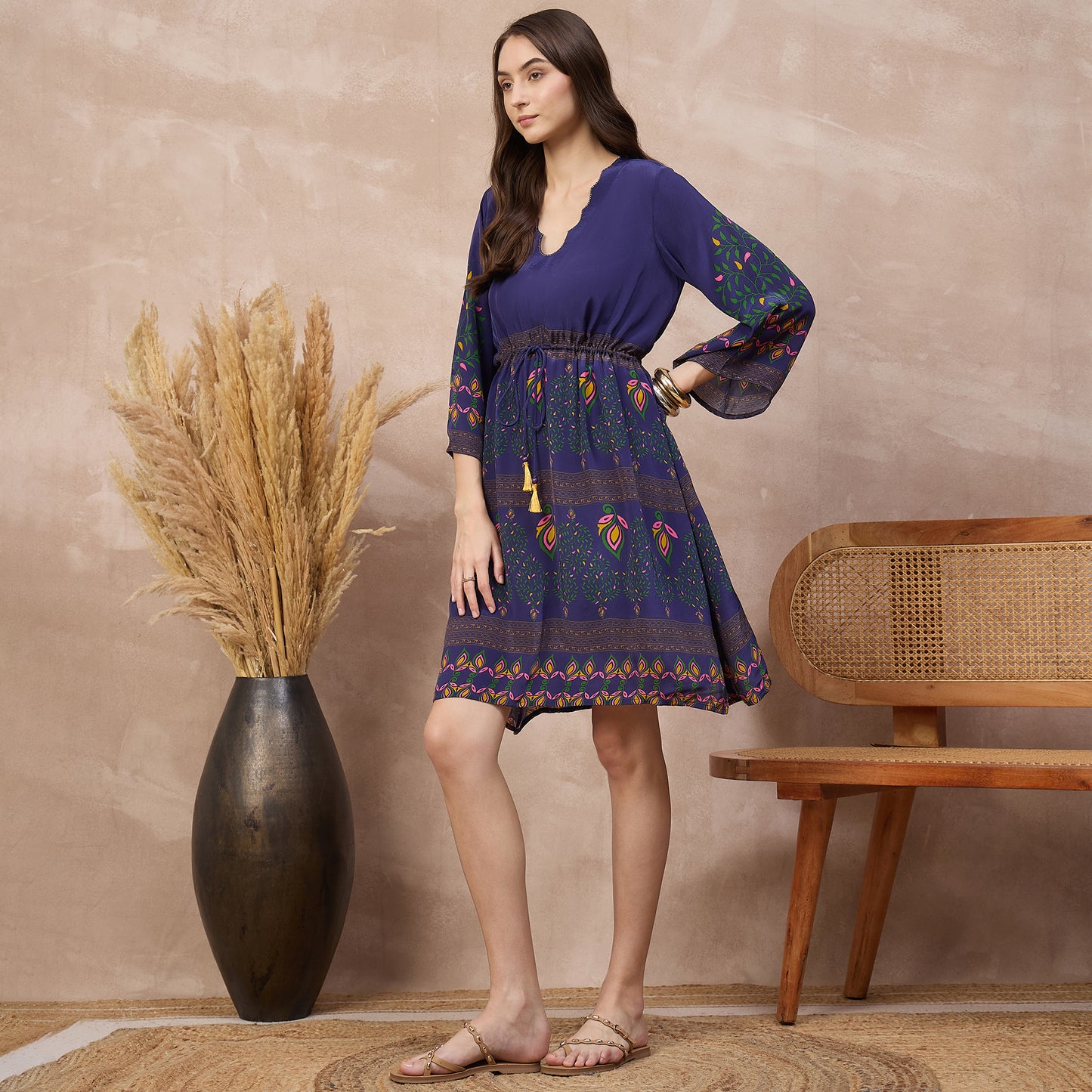 Purple Floral Print Dress for Women – Viscose Crepe – Model View | First Resort by Ramola Bachchan