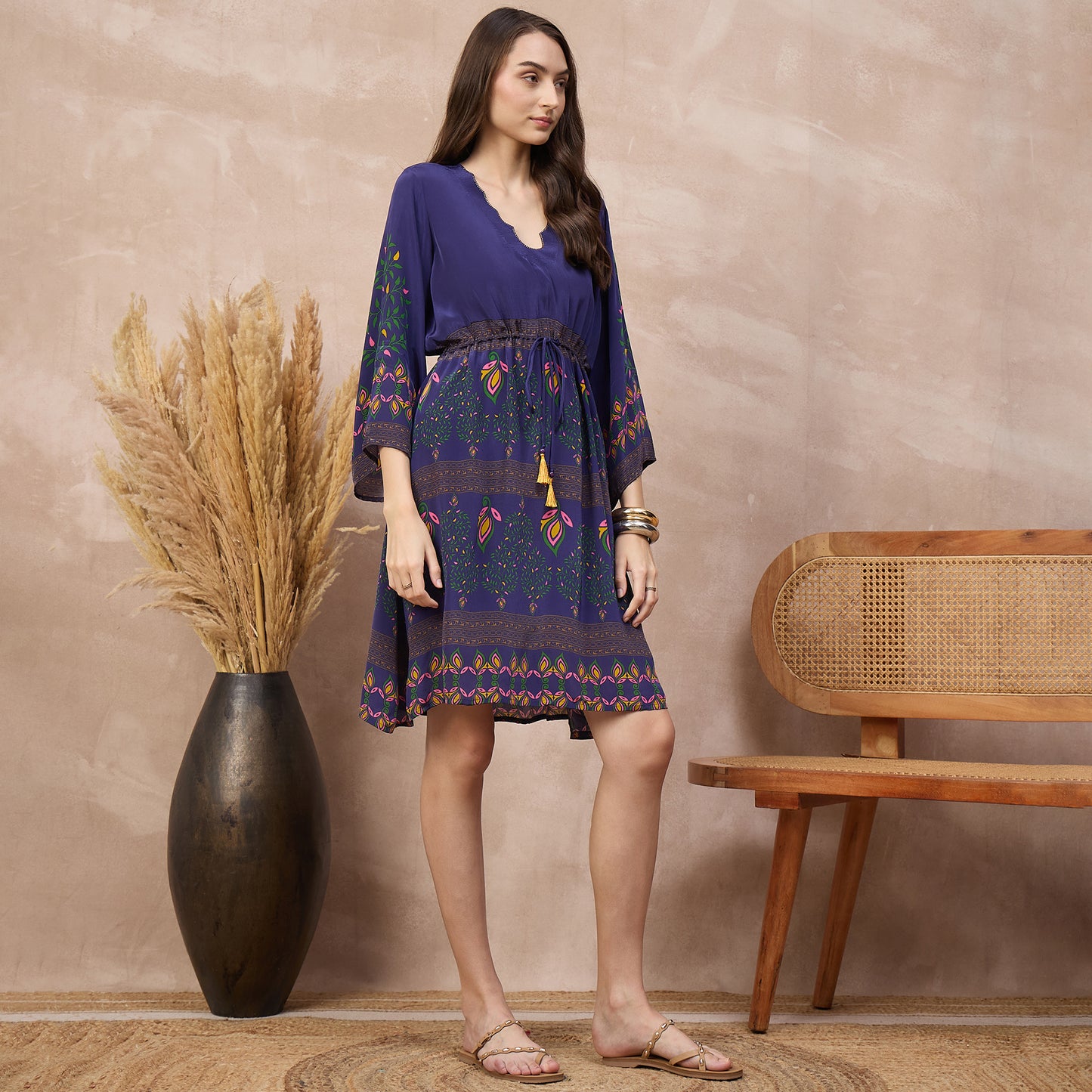 Purple Floral Print Dress for Women – Viscose Crepe – Side View | First Resort by Ramola Bachchan