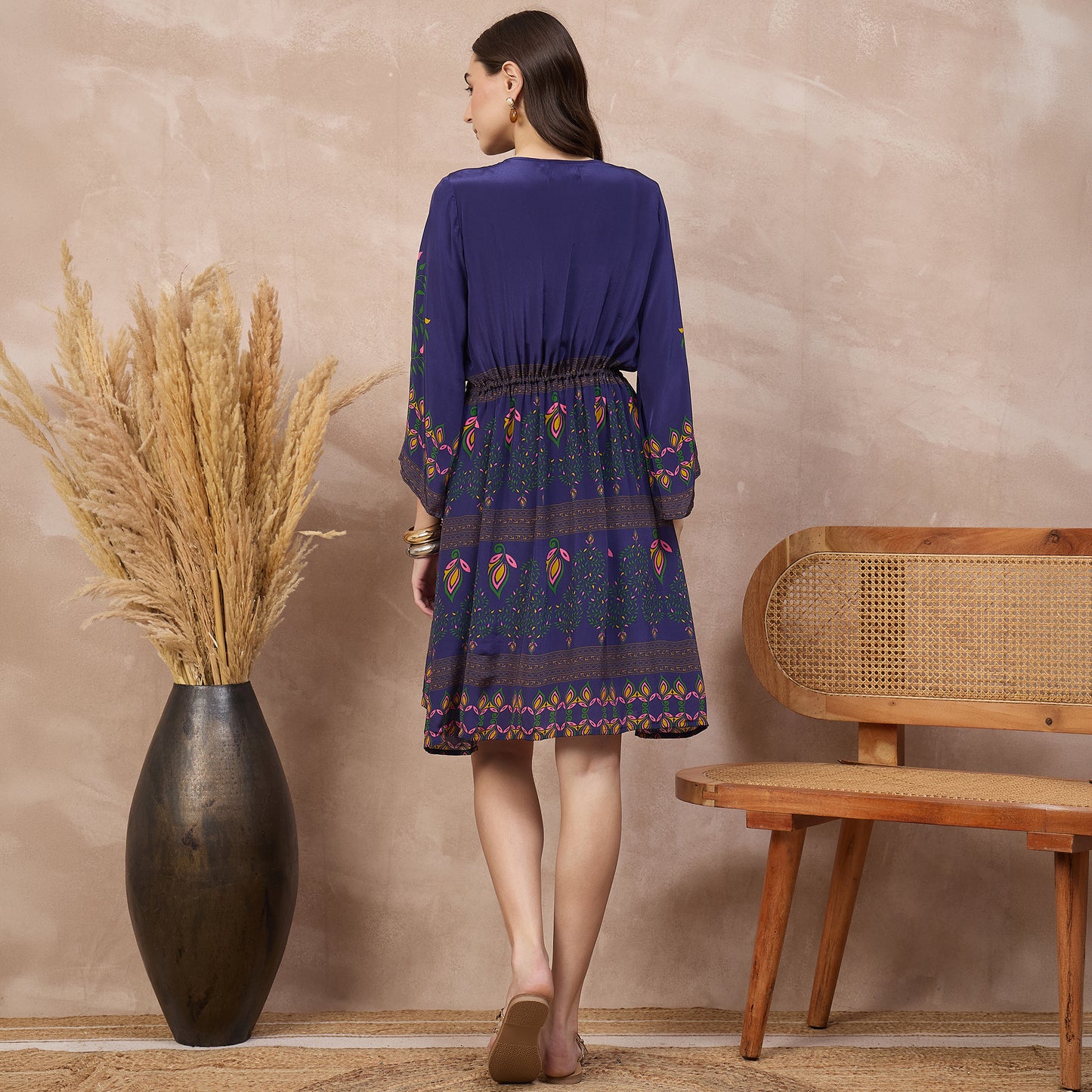 Purple Floral Print Dress for Women – Viscose Crepe – Detail View | First Resort by Ramola Bachchan