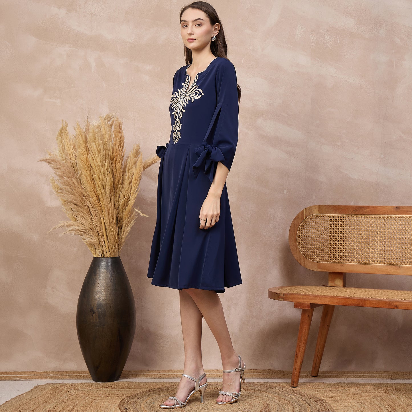 Navy Blue Dress for Women – Polyester Crepe – Model View | First Resort by Ramola Bachchan