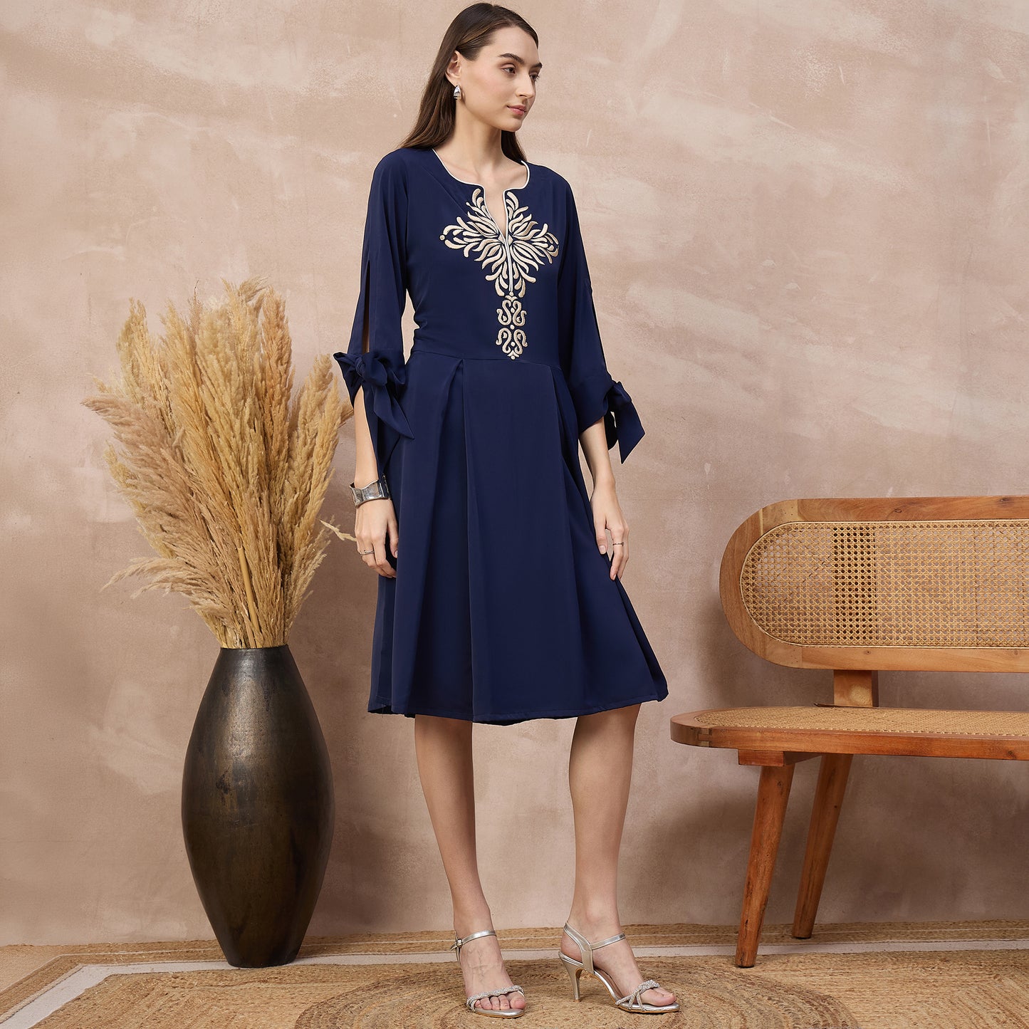 Navy Blue Dress for Women – Polyester Crepe – Side View | First Resort by Ramola Bachchan