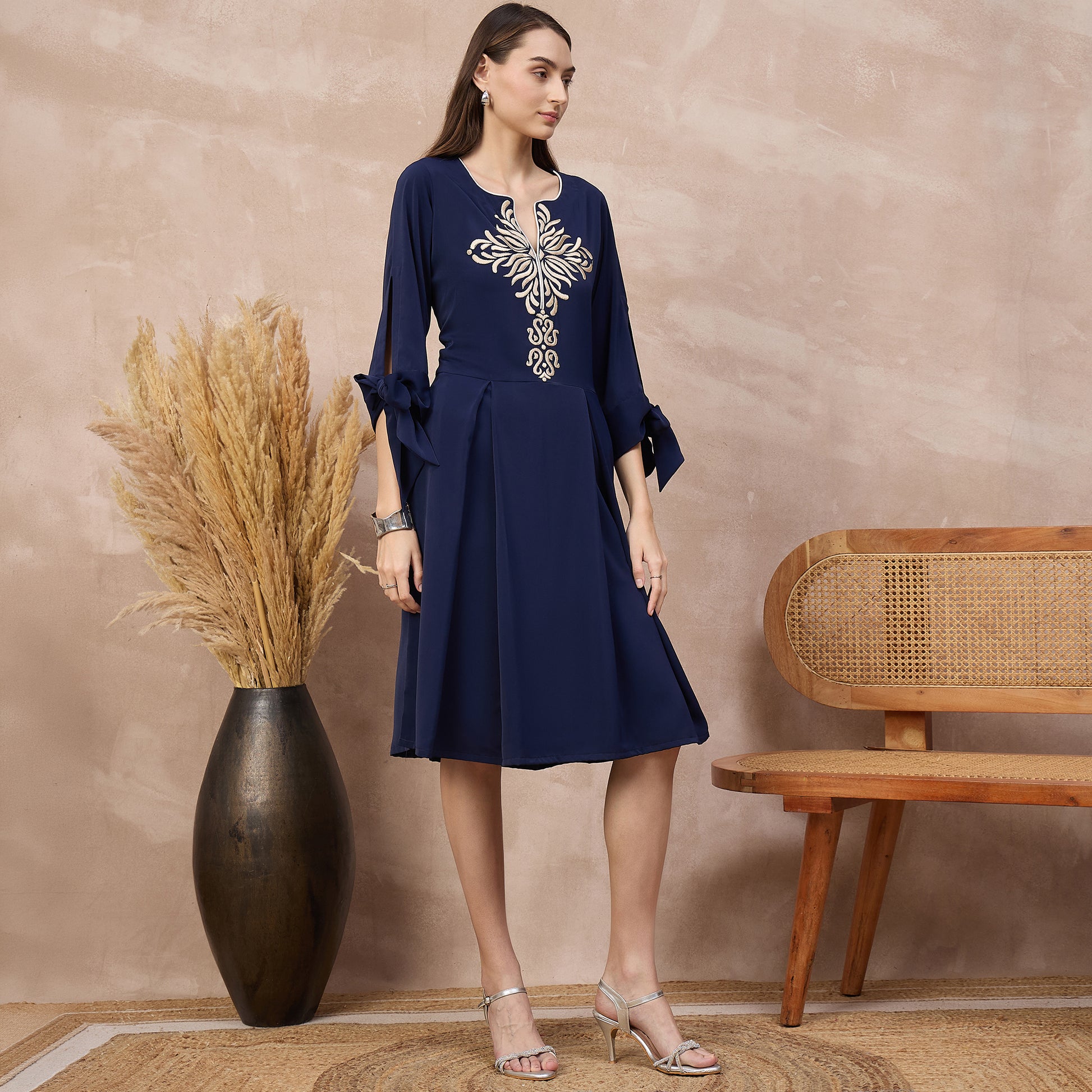 Navy Blue Dress for Women – Polyester Crepe – Side View | First Resort by Ramola Bachchan