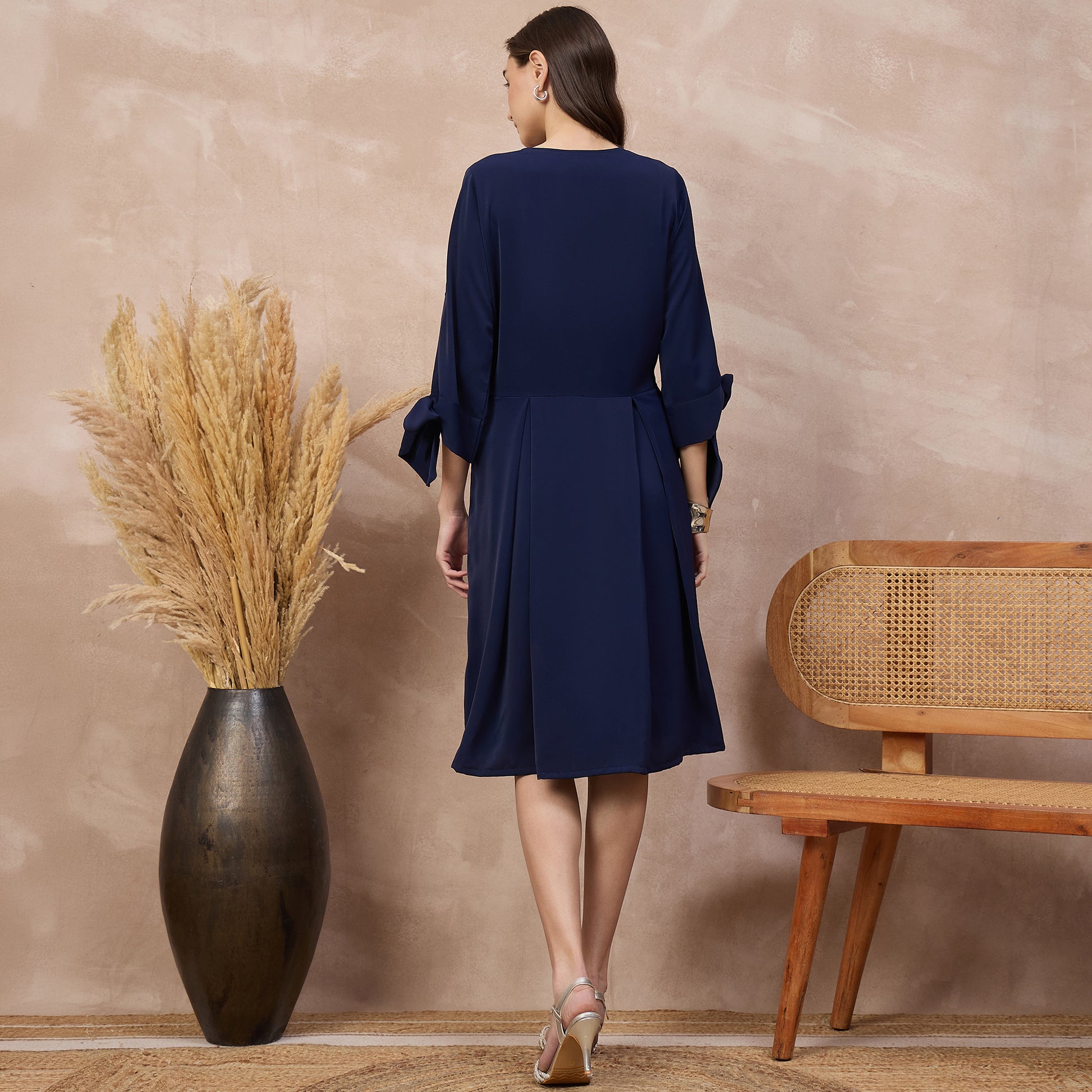 Navy Blue Dress for Women – Polyester Crepe – Detail View | First Resort by Ramola Bachchan