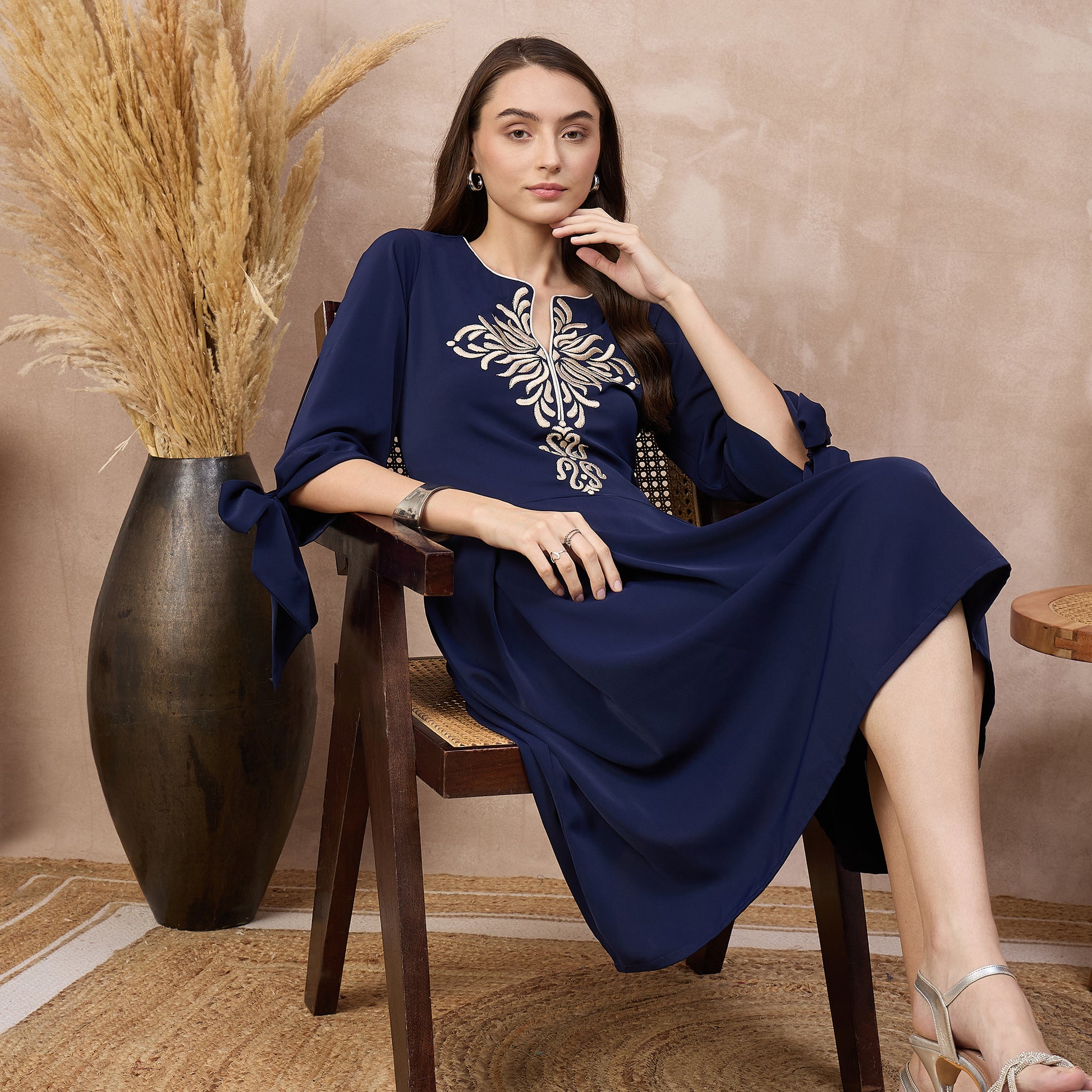 Navy Blue Dress for Women – Polyester Crepe – Back View | First Resort by Ramola Bachchan
