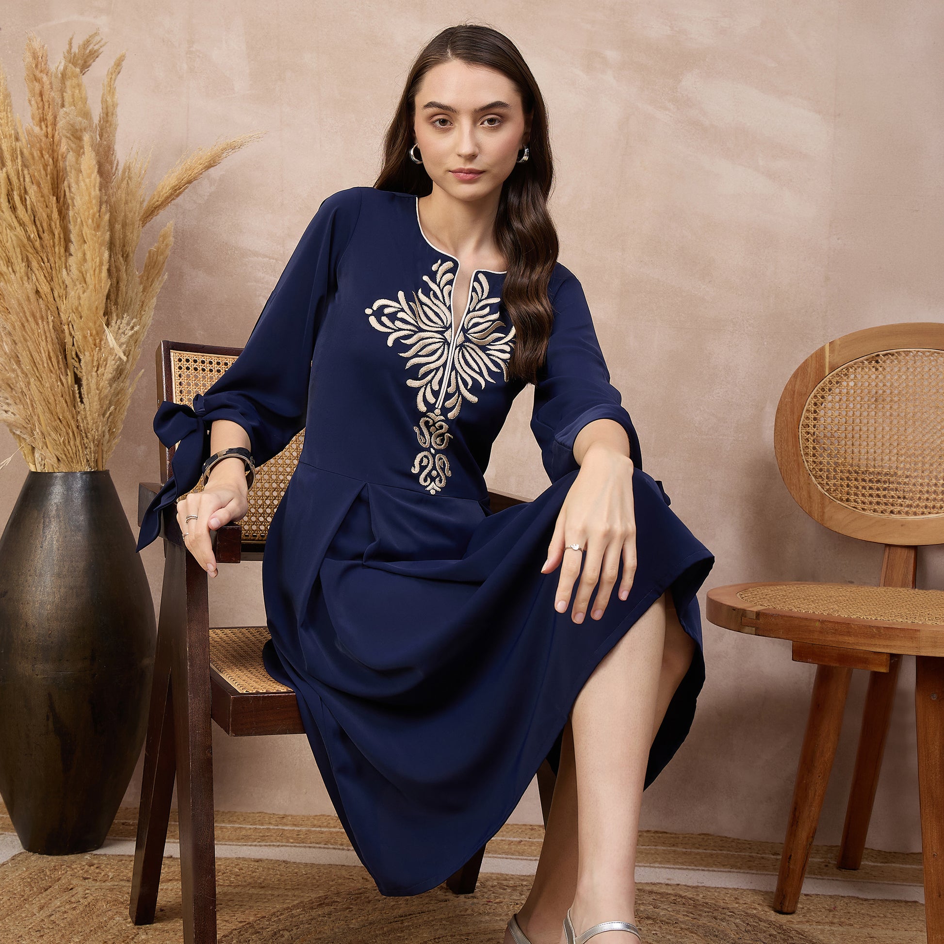 Navy Blue Dress for Women – Polyester Crepe – Close Up | First Resort by Ramola Bachchan