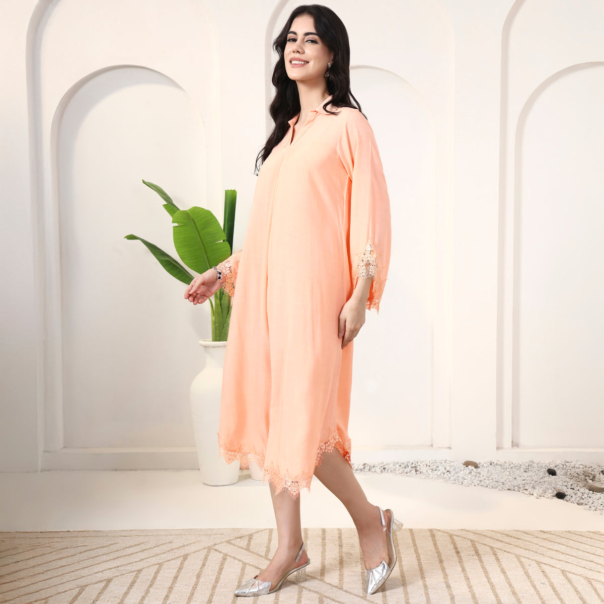 Peach Dress for Women – Viscose Rayon – Model View | First Resort by Ramola Bachchan