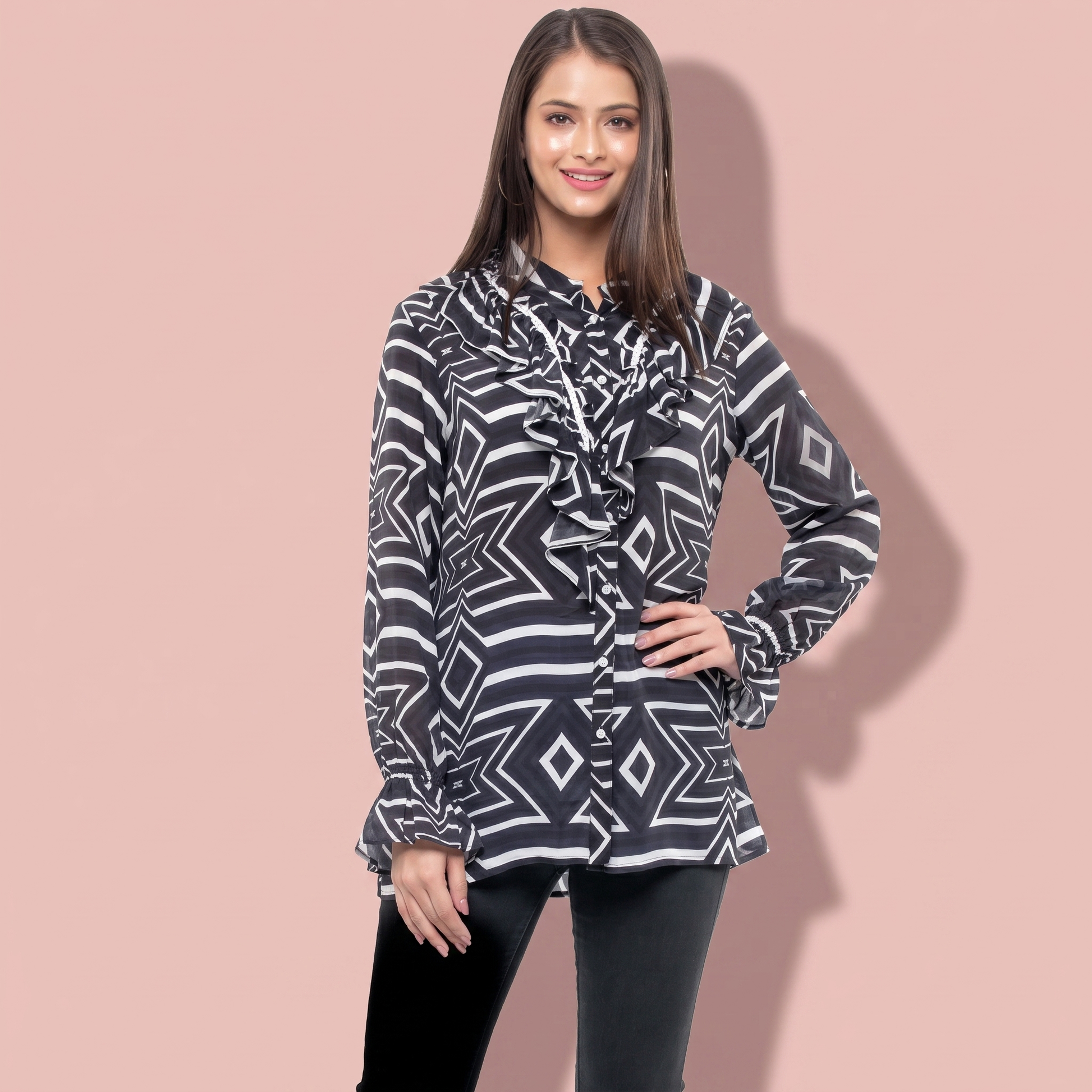 Blue And White Geometric Print Shirt for Women – Viscose Crepe | First Resort by Ramola Bachchan
