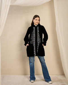 Black and White Deodar Hand Embroidered Velvet Jacket