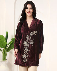 Maroon Front Floral Hand Embroidered Velvet Jacket