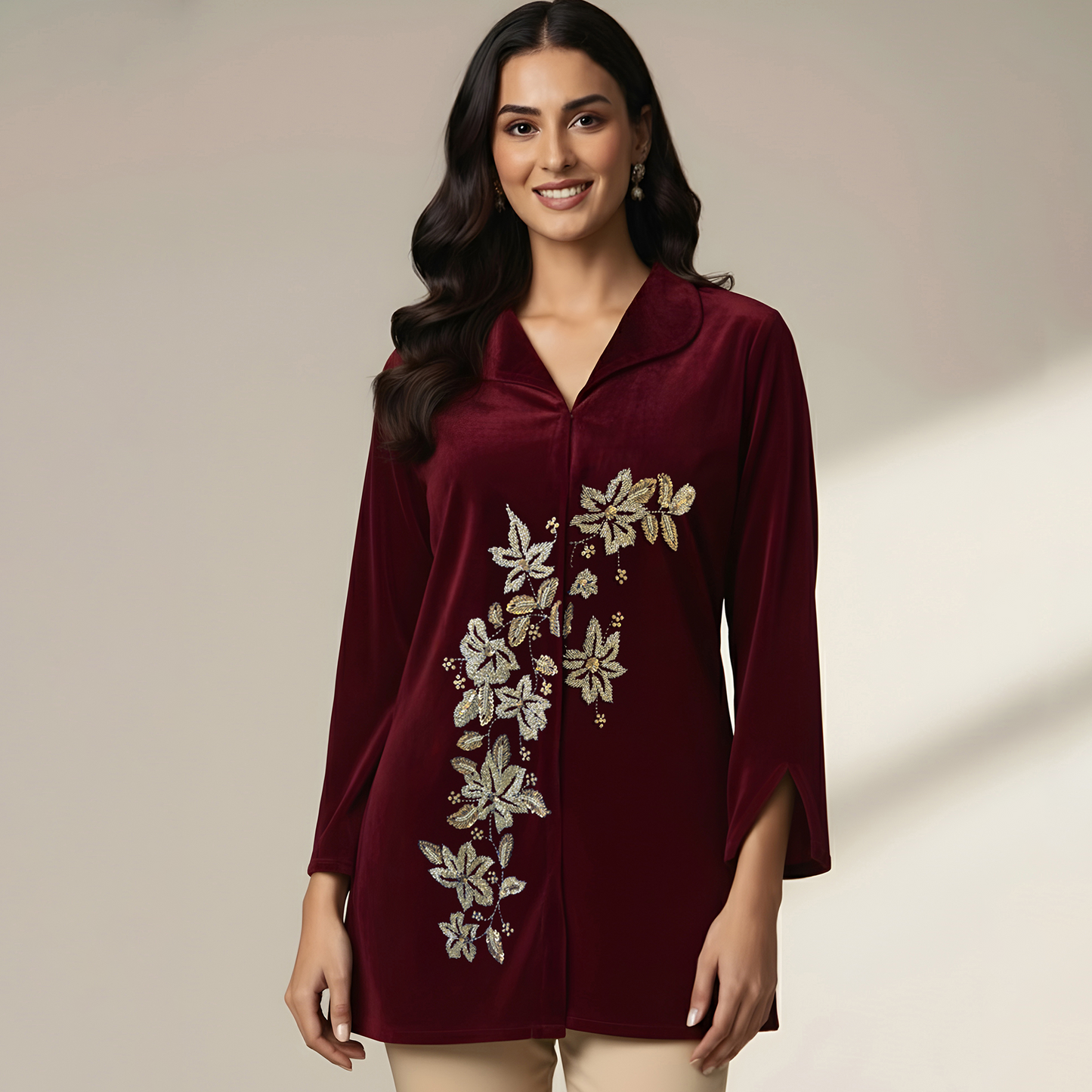 Maroon Front Floral Hand Embroidered Velvet Jacket