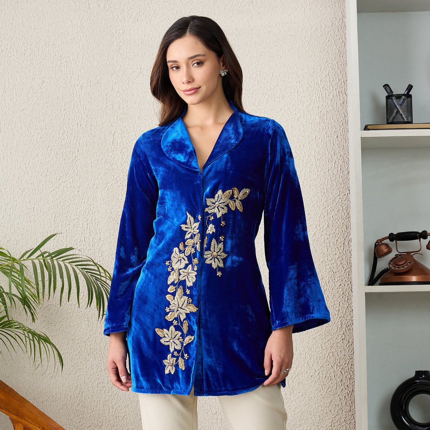 Royal Blue Front Floral Hand Embroidered Jacket