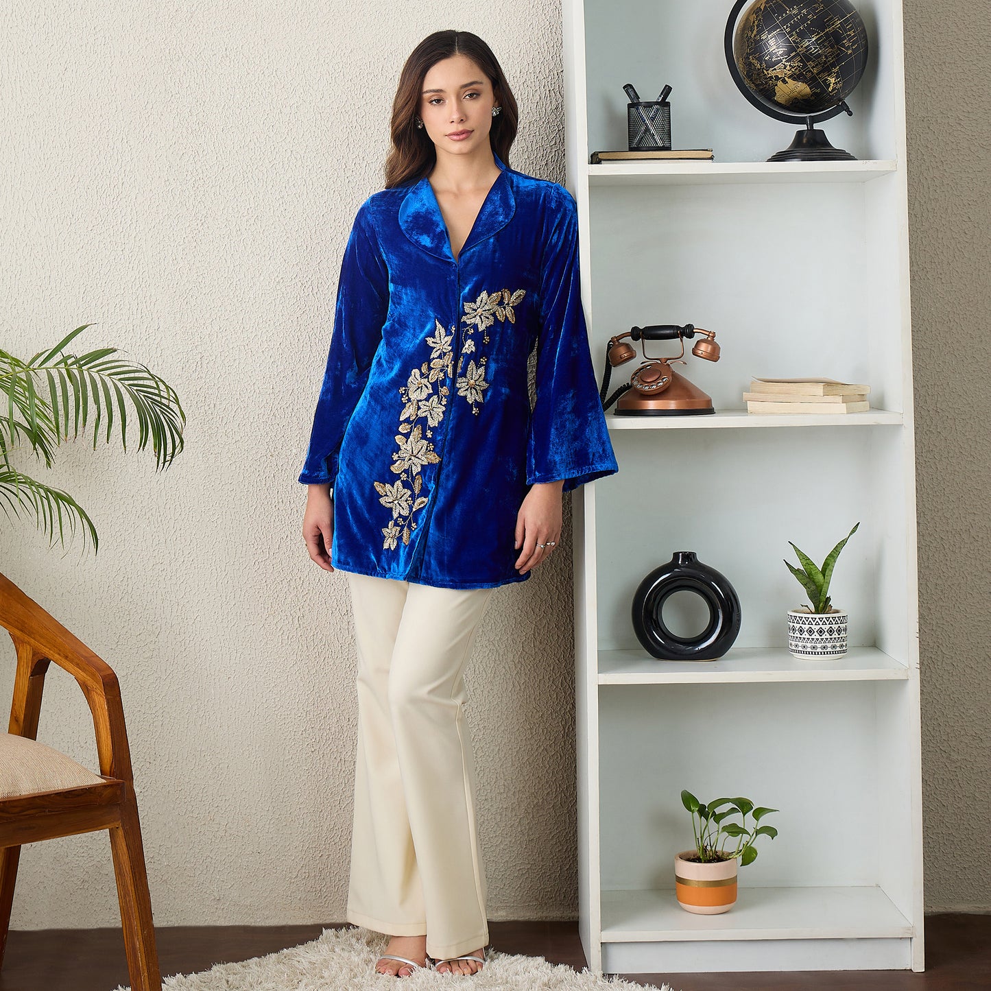 Royal Blue Front Floral Hand Embroidered Jacket