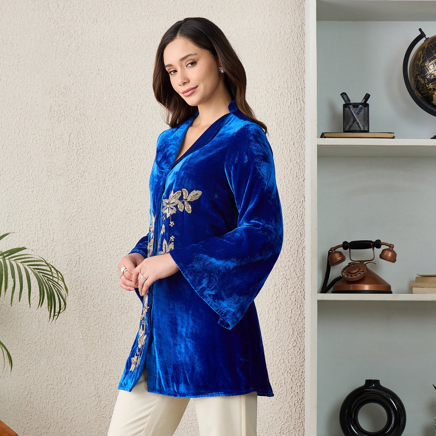 Royal Blue Front Floral Hand Embroidered Jacket