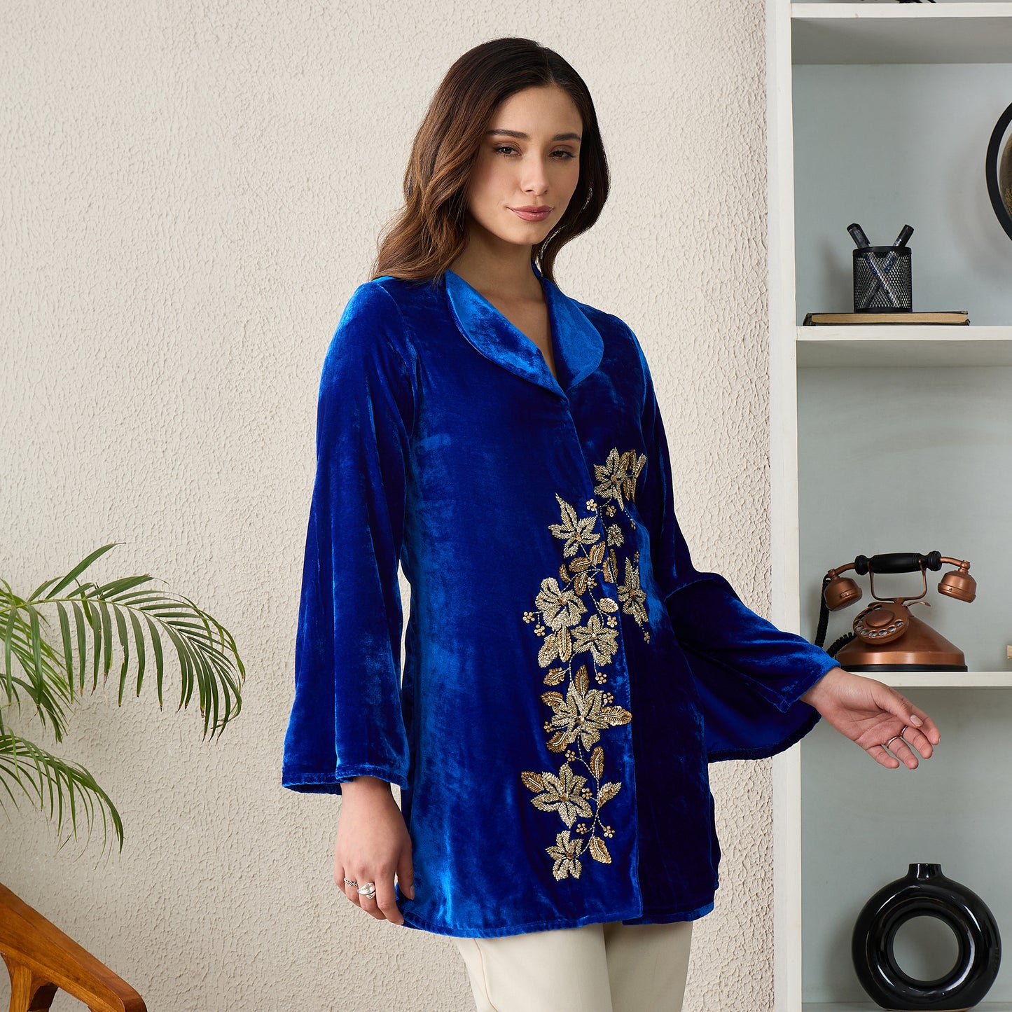 Royal Blue Front Floral Hand Embroidered Jacket