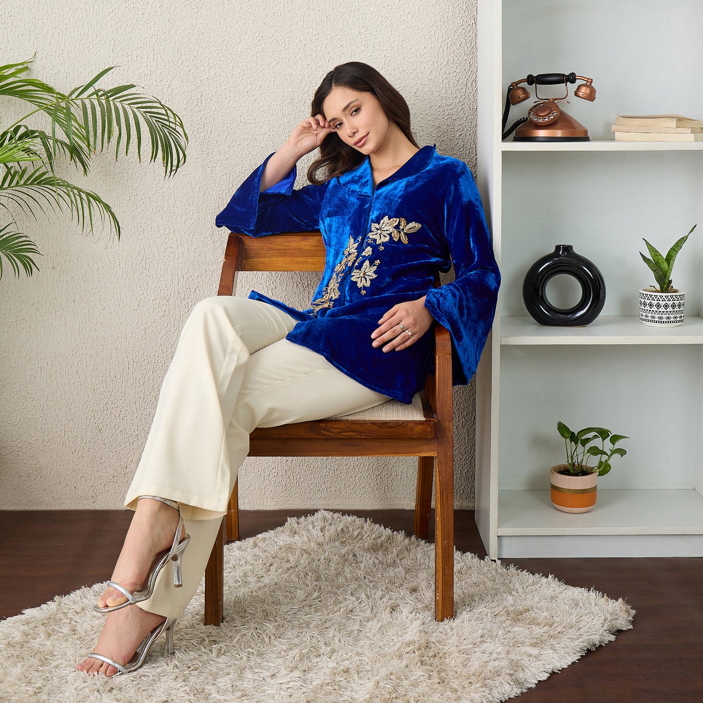 Royal Blue Front Floral Hand Embroidered Jacket