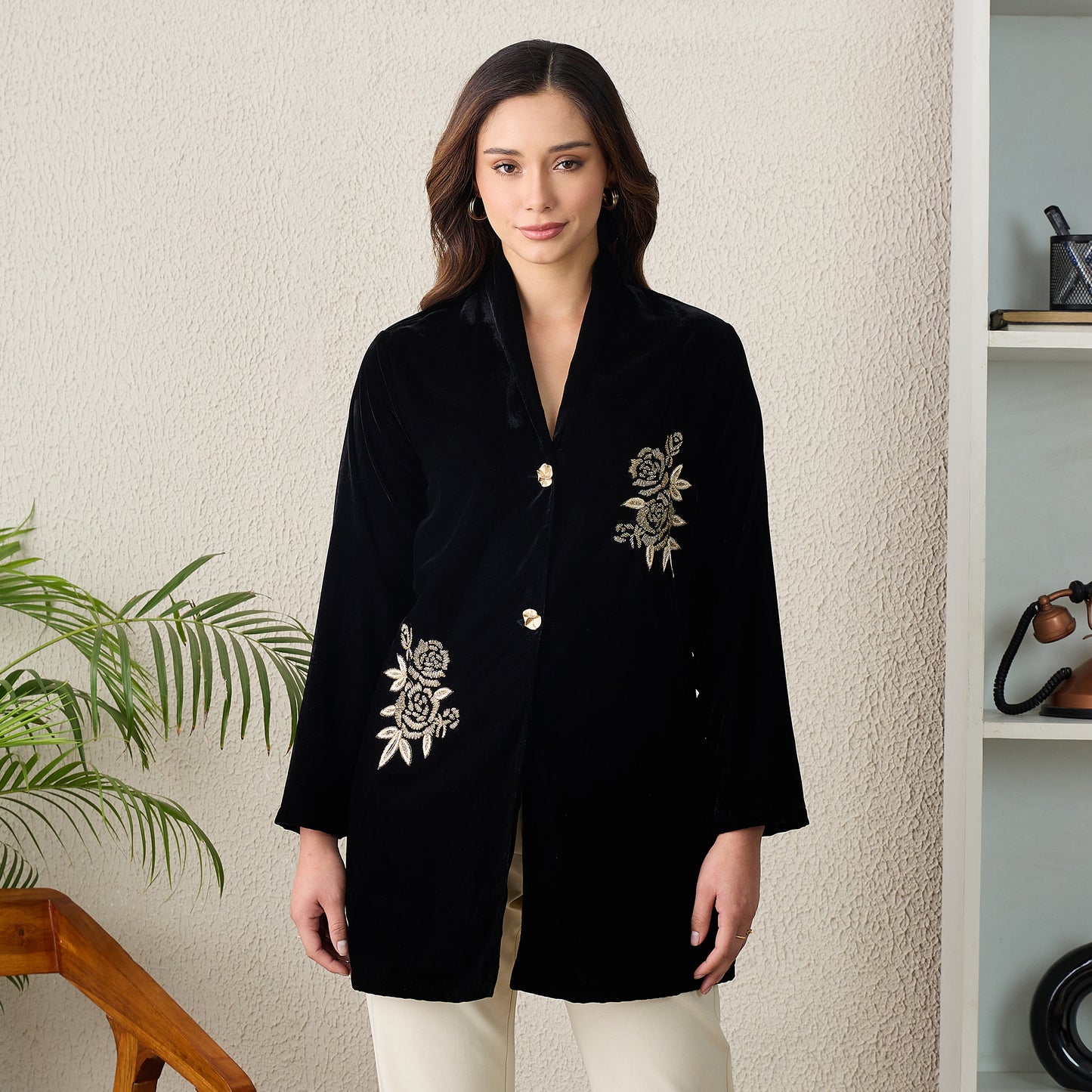 Black Twin Golden Roses Hand Embroidered Velvet Jacket