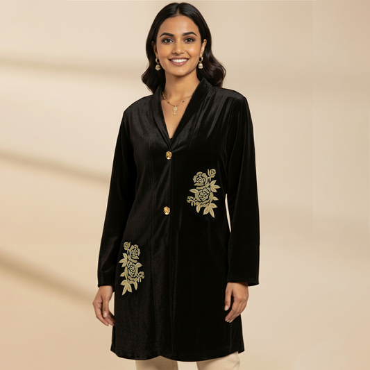Black Twin Golden Roses Hand Embroidered Velvet Jacket