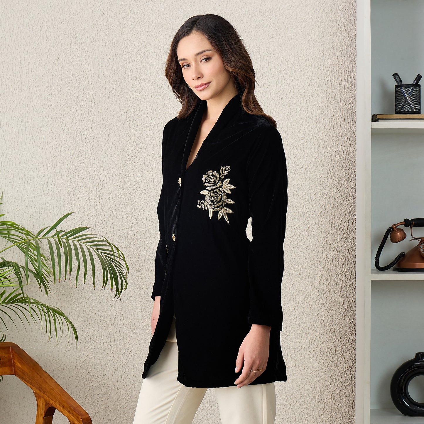 Black Twin Golden Roses Hand Embroidered Velvet Jacket