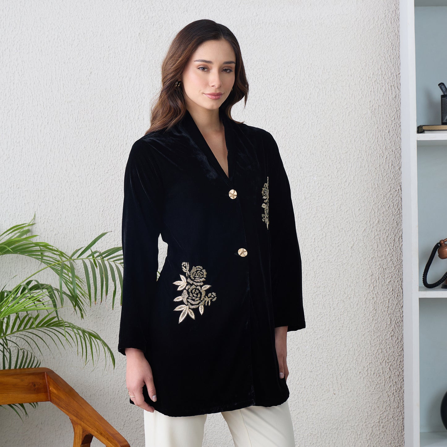 Black Twin Golden Roses Hand Embroidered Velvet Jacket