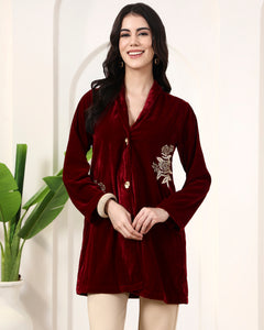 Maroon Twin Golden Roses Hand Embroidered Velvet Jacket