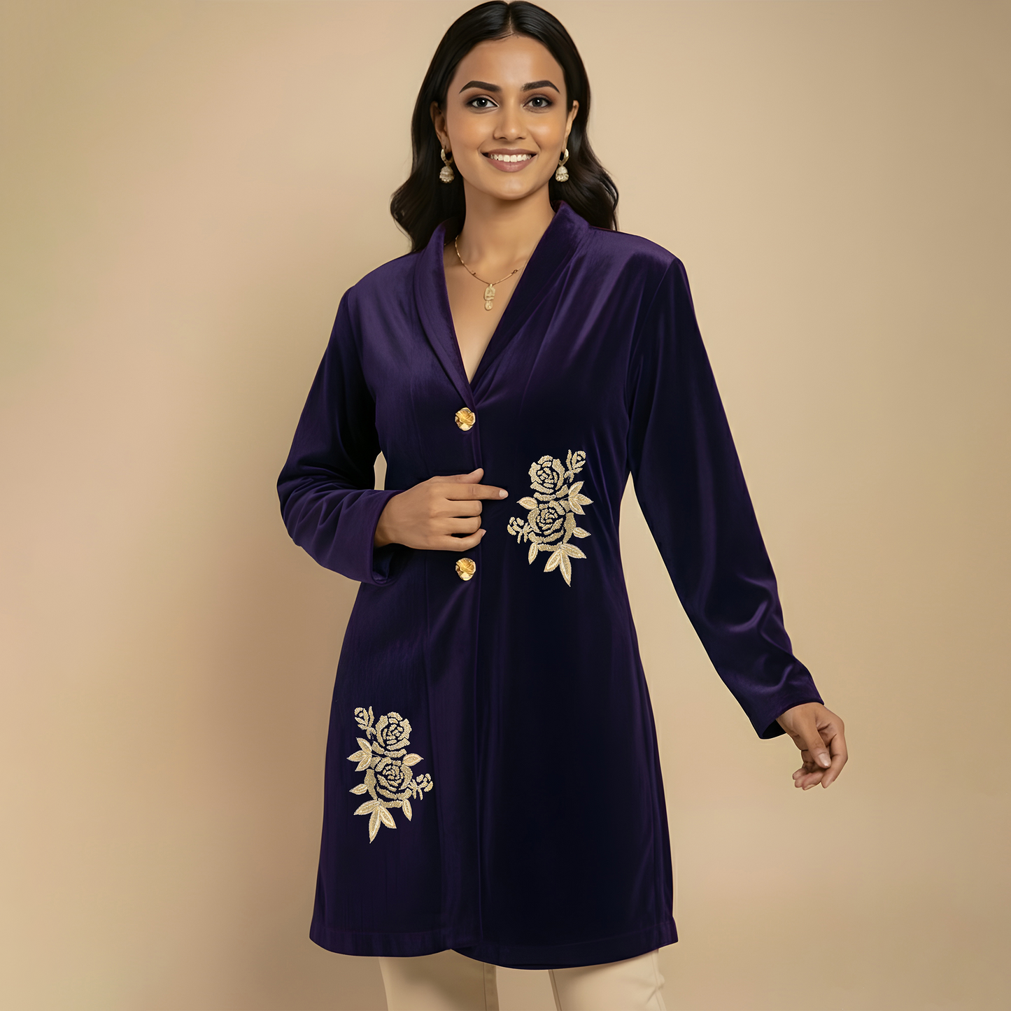 Purple Twin Golden Roses Hand Embroidered Velvet Jacket