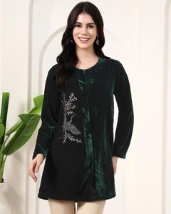Bottle Green Swan Motif Hand Embellished Velvet Jacket