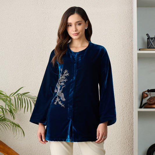 Teal Swan Motif Hand Embellished Velvet Jacket