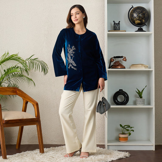 Teal Swan Motif Hand Embellished Velvet Jacket