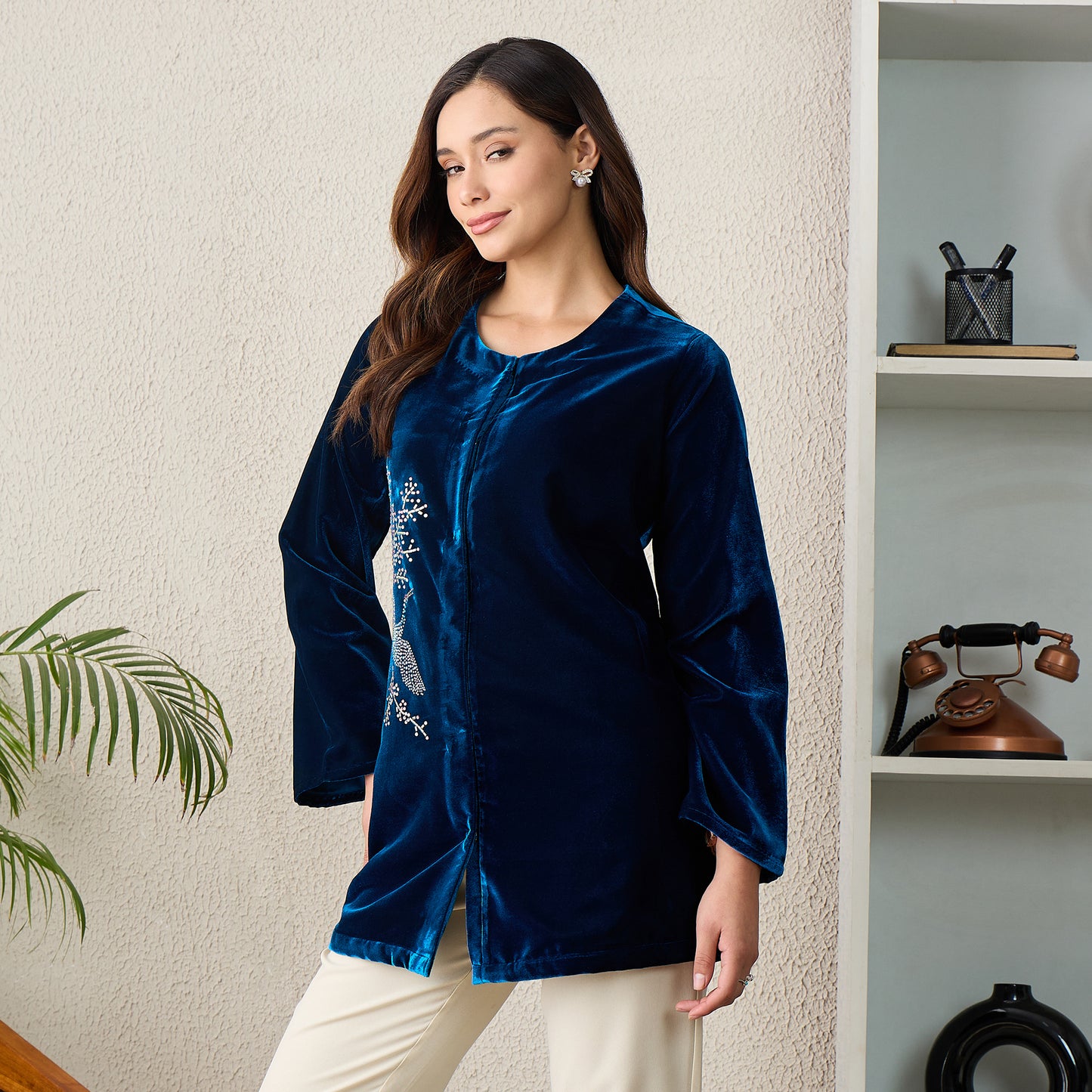 Teal Swan Motif Hand Embellished Velvet Jacket