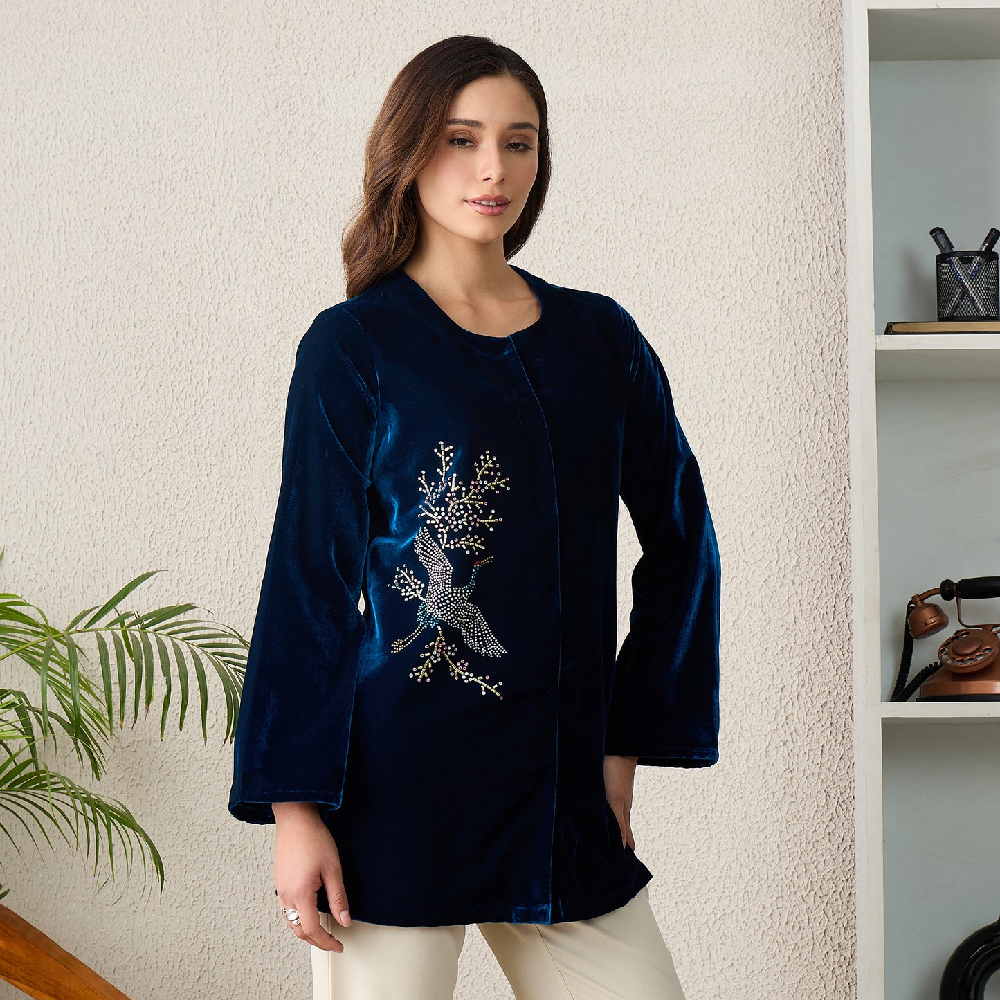 Teal Swan Motif Hand Embellished Velvet Jacket