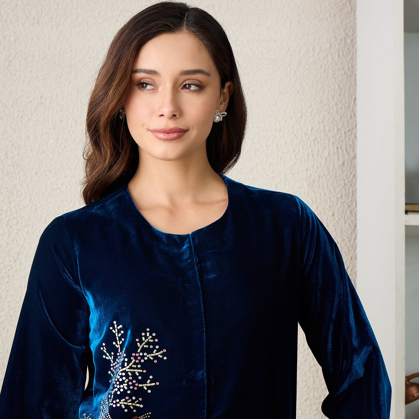 Teal Swan Motif Hand Embellished Velvet Jacket