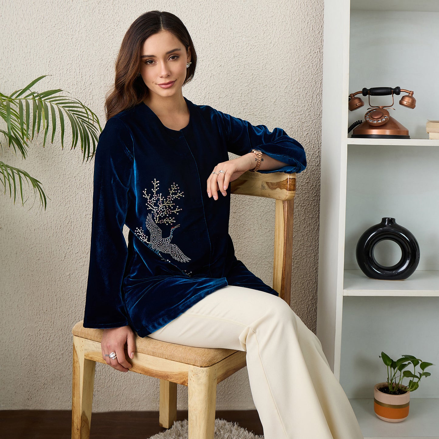 Teal Swan Motif Hand Embellished Velvet Jacket