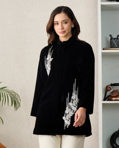 Black Abstract Motif Hand Embroidered Velvet Jacket