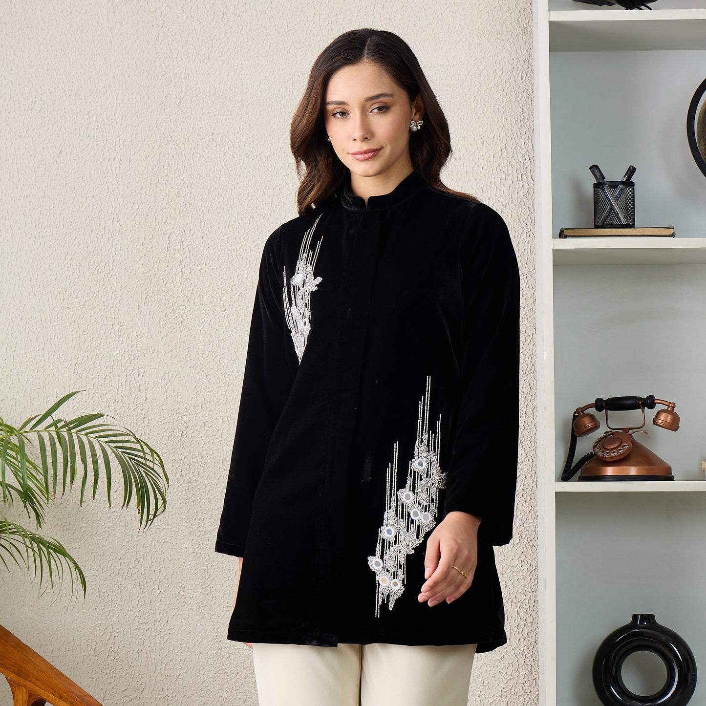 Black Abstract Motif Hand Embroidered Velvet Jacket