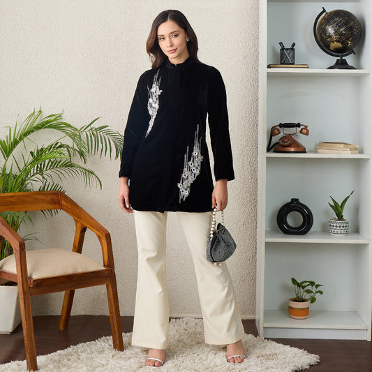 Black Abstract Motif Hand Embroidered Velvet Jacket