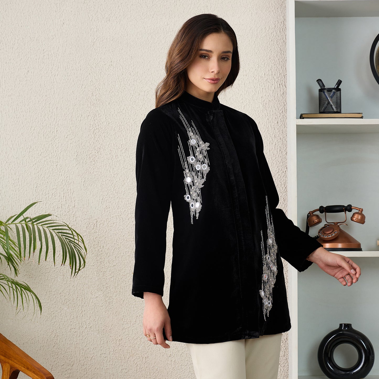 Black Abstract Motif Hand Embroidered Velvet Jacket