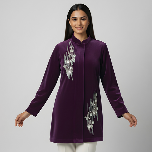 Purple Abstract Motif Hand Embroidered Velvet Jacket