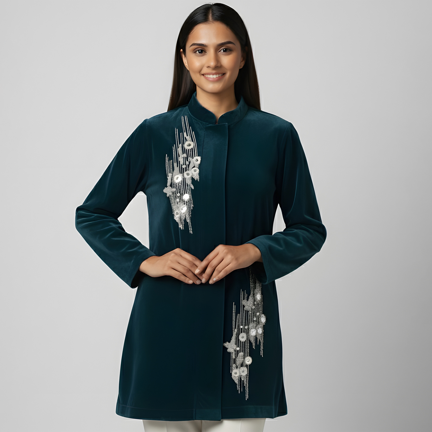 Teal Abstract Motif Hand Embroidered Velvet Jacket