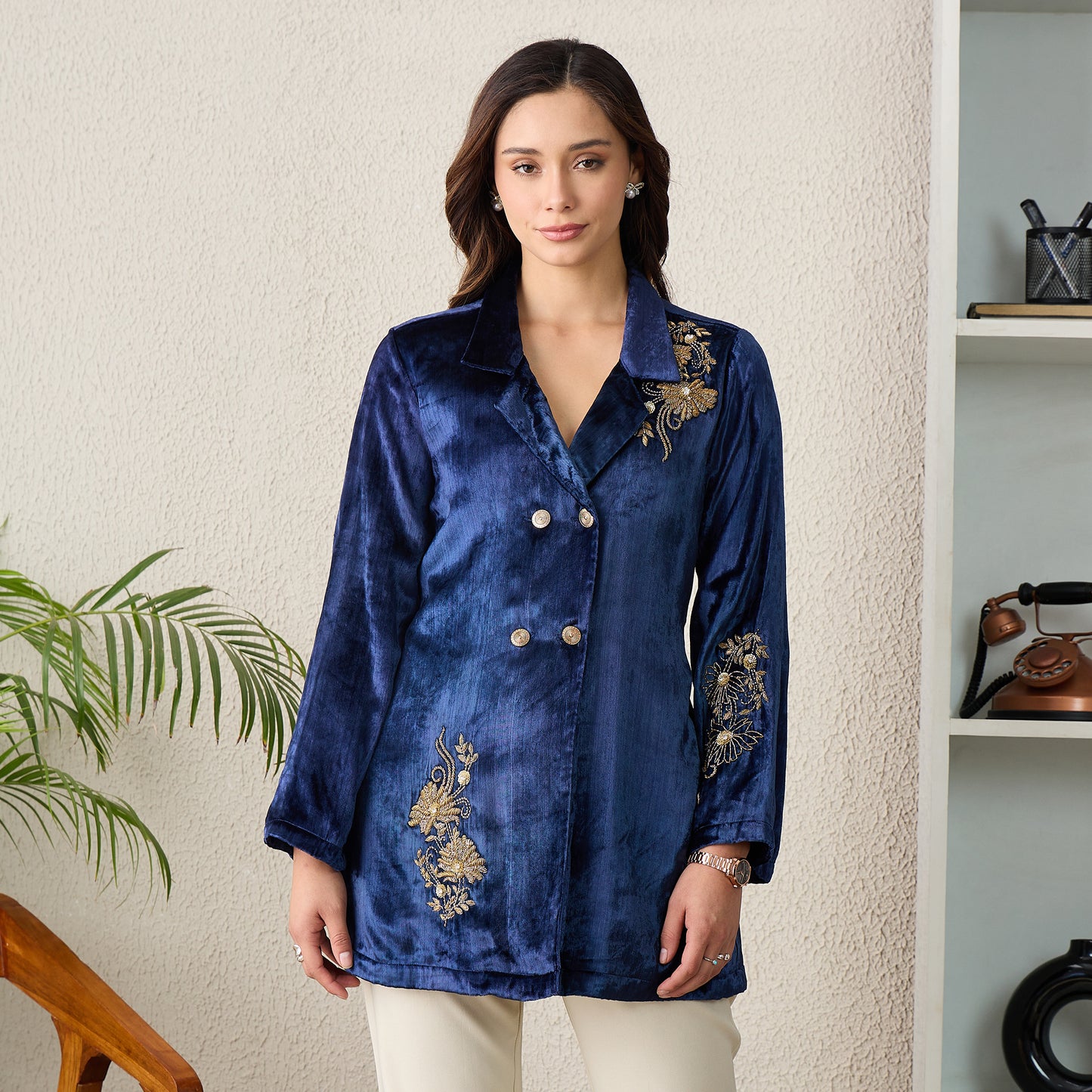 Prussian Blue Double Breasted Floral Embroidery Jacket
